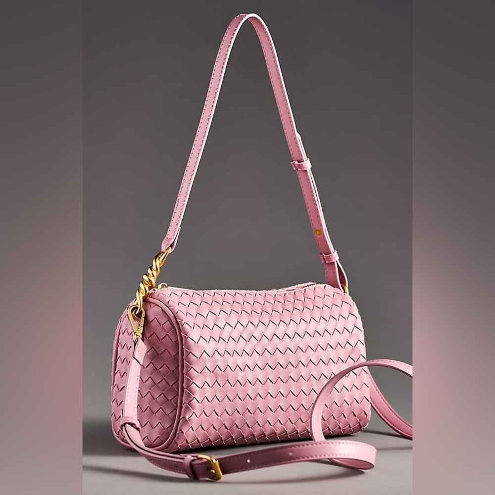 NWT new Anthropologie woven shoulder bag pink mauve faux leather zipper purse - Picture 1 of 15